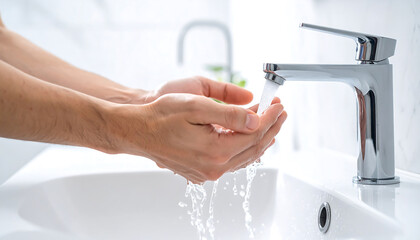 washing hands under clean running water from a modern chrome faucet in a bright bathroom emphasizing personal hygiene routine.