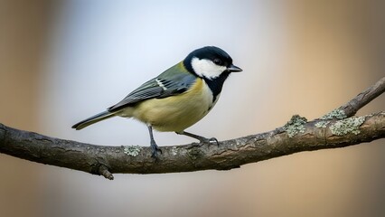 Obraz premium Great Tit bird perched on a thin branch against a soft, warm bokeh background
