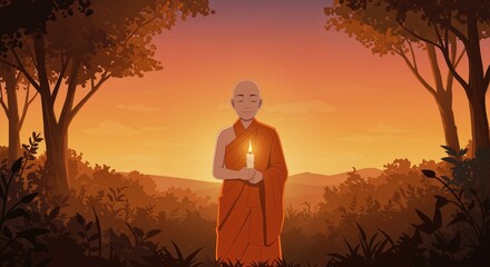 Illumination of Serenity: A Buddhist monk stands silhouetted against a radiant sunset, his form cradling a solitary candle, symbolizing inner peace and spiritual guidance. 