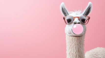 Obraz premium Cute llama wearing sunglasses blows bubble gum in fun and playful setting on pink background with space for text or other graphic elements