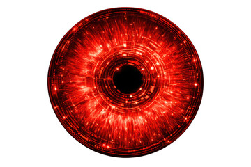 Red glowing futuristic digital eye scanning, depicting artificial intelligence, surveillance, and cyber security on transparent background