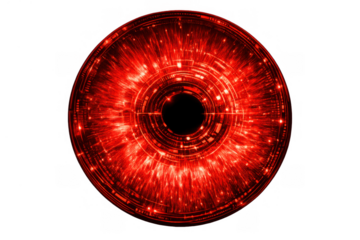 Red glowing futuristic digital eye scanning, depicting artificial intelligence, surveillance, and cyber security on transparent background