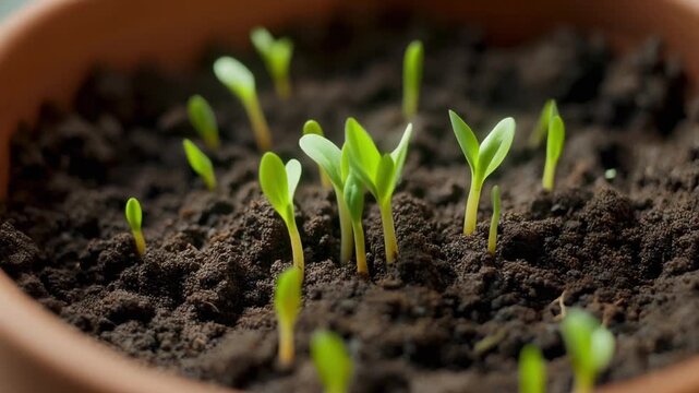 Close-up view of vibrant green seedlings emerging from rich dark soil in a terracotta pot, symbolizing new growth and life.