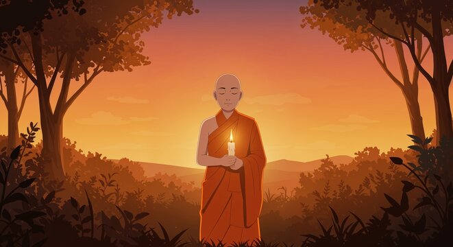 Illumination of Serenity: A Buddhist monk stands silhouetted against a radiant sunset, his form cradling a solitary candle, symbolizing inner peace and spiritual guidance. 