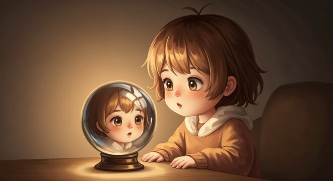 Mystical Glimpse: A child gazes in wonder at a crystal ball, discovering a reflection. This moment represents the magic of self-discovery and the allure of the unknown. 
