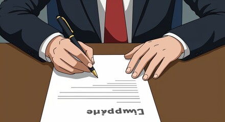 Formal Agreement: An animated image captures a moment of legal formality, as a person in a professional attire meticulously signs a document, sealing an agreement with a pen.