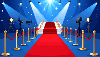 Red carpet entrance with spotlights and camera equipment for celebrity arrivals.