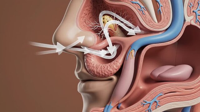 Anatomical illustration of the human nose and respiratory system