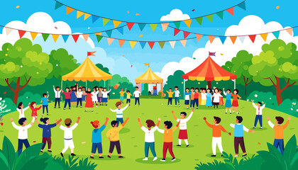 Naklejka premium Vibrant outdoor festival with people celebrating in a green park.