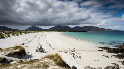 Pristine white sand beach and turquoise water bay under a dramatic cloudy sky