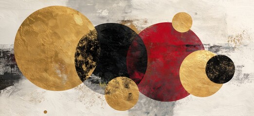 Abstract circles overlapping a textured gold black red composition. Abstract composition featuring overlapping circular forms of varying sizes and colors on a textured background
