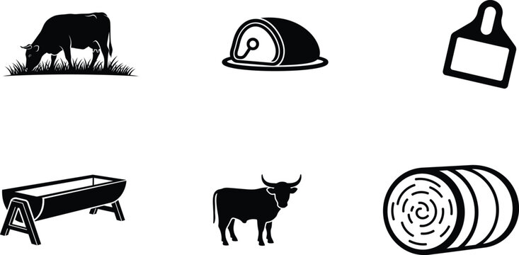 black and white icons of cow and meat products on white background