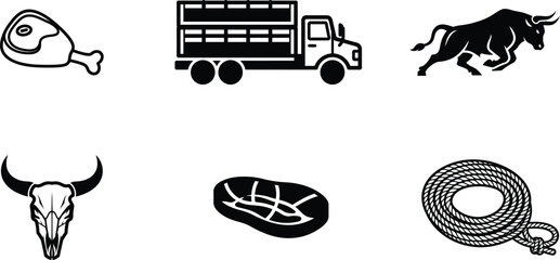 Black and white icons of food and farm animals  fish truck bull skull bread steak rope © saidur