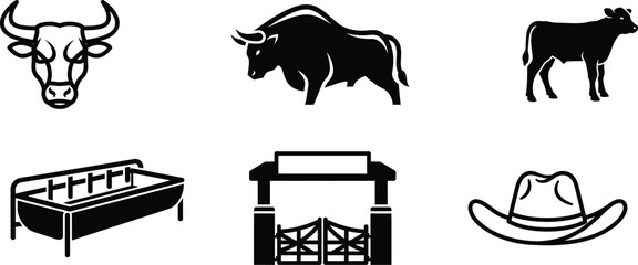 black and white illustrations of cowboy farm icons and animals © saidur