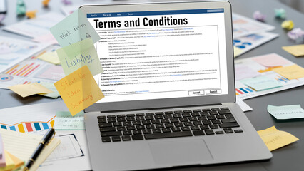 Sticky note for creative and analytic brainstorm for business idea with BI data dashboard on laptop screen. Analysis financial data visualization tech for marketing strategy. Prodigy