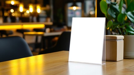 Blank menu label frame displayed on wooden table in cafe setting with empty space for advertising or reservation information