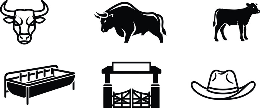 black and white illustrations of cowboy farm icons and animals