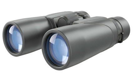 Pair of black binoculars with blue lenses.