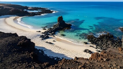 Idyllic tropical beach with turquoise water, white sand, and dark volcanic rock formations