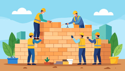 Construction workers building a brick wall together outdoors.
