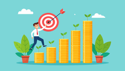 Man climbing stack of gold coins with target and growing plants.