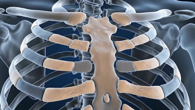 Anatomical illustration of human rib cage and sternum against a blue backdrop