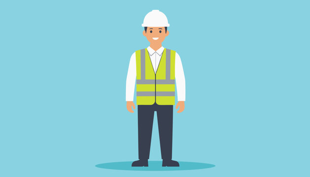 Construction worker wearing safety vest and hard hat standing against blue background.