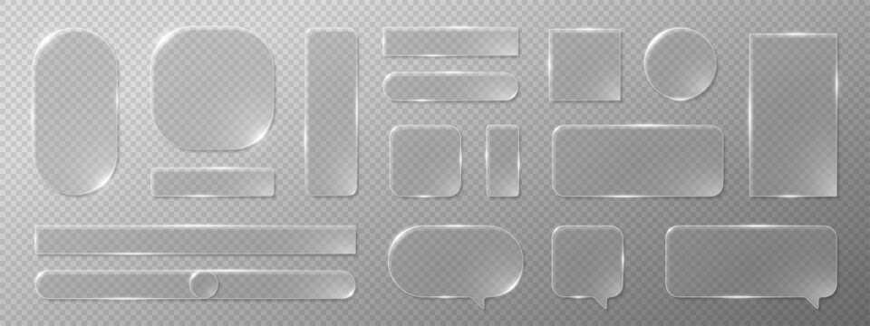 Glossy glassmorphism buttons with liquid textures create a sleek UI interface. This set of transparent frames and 3d rectangles features realistic reflections for modern mobile apps and web designs.