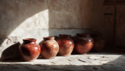 Rustic terracotta pots in a row, illuminated by sunlight against a textured, aged wall