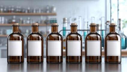 Six brown glass bottles with blank labels stand on a lab bench, science tools in background