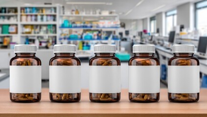 Five amber pill bottles with white labels sit on a wood surface, lab background