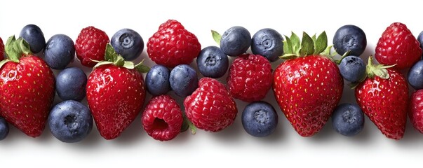 A border of vibrant, fresh berries strawberries, raspberries, and blueberries against white