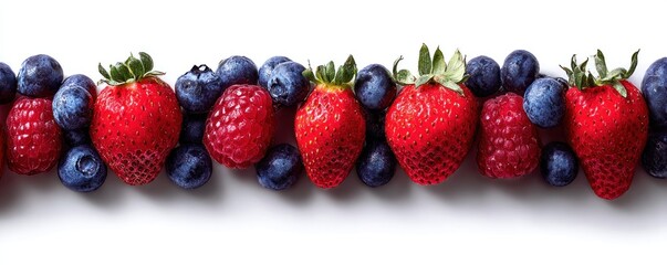 A line of strawberries, raspberries, and blueberries arranged on a white surface