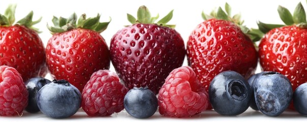 Close-up of fresh strawberries, raspberries, and blueberries against a white background