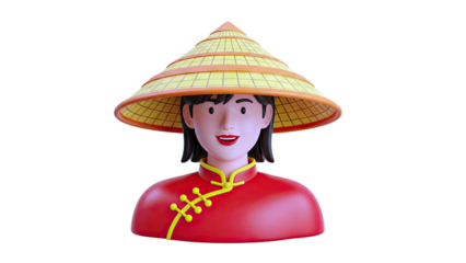 3D Cartoon Woman Wearing Traditional Asian Conical Hat and Red Cheongsam