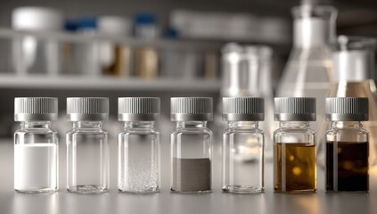 Vial line-up of solutions with various colors, laboratory glassware blurred in the background