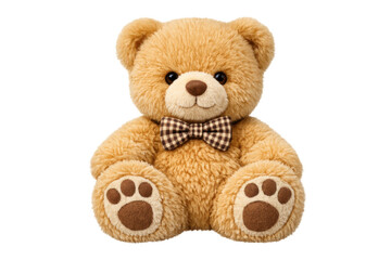Obraz premium Brown sitting teddy bear with bow tie, cuddly stuffed plush toy representing childhood comfort and friendship