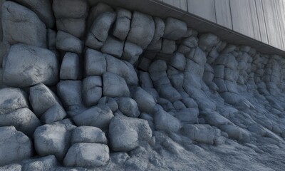 A close-up view showcases a textured stone wall curving under a wooden overhang