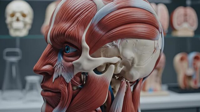Anatomical model displaying head and muscle structure study tool