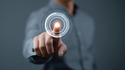 Businessman Touching Digital Interface with Futuristic Circular Elements for Technology and Innovation Concept in Modern Workplace Environment