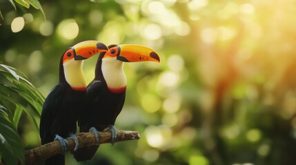 Obraz premium Colorful toucans resting on a branch in a tropical rainforest filled with lush plants and soft blurred background