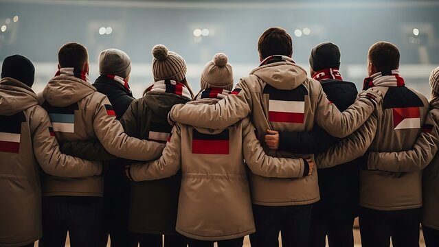 Group of People Wearing Winter Coats with Flag Emblem.