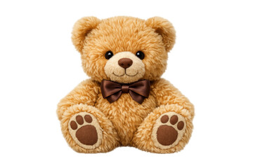 Obraz premium Teddy bear plush toy sitting, wearing a brown bow tie, representing childhood comfort and friendship