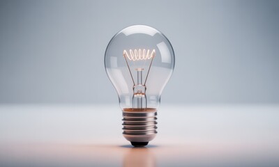 A lit transparent light bulb on a white surface with a gray background