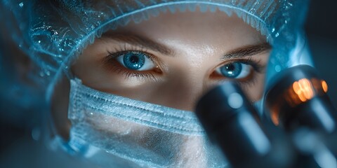 A female scientist wea protective gear intensely focuses through a microscope lens in a sterile laboratory environment for research study.