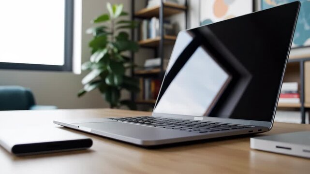 Modern Laptop and External Hard Drive on a Wooden Desk in a Brightly Lit Home Office with Bookshelf and Window Views Detailed Close Up of Technology Gadgets for Remote Work and Digital Nomad