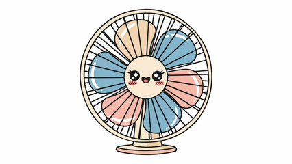 Illustration of a smiling cartoon fan with blue and pink blades on a white background in a playful and cheerful style.