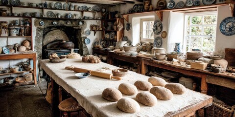 A rustic kitchen scene with bread loaves on a large table, oven, and displayed pottery