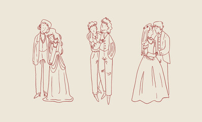 Wedding couples in whimsical line art style. Gay couple wedding, lesbian couple wedding. Romantic groom and bride vector illustration for invitation, save the date