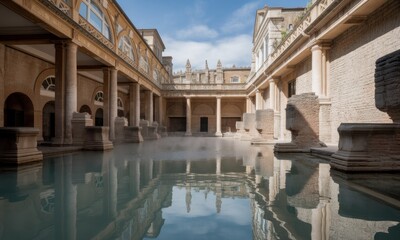 A Roman-era bath complex with columns, water pools, and architectural details